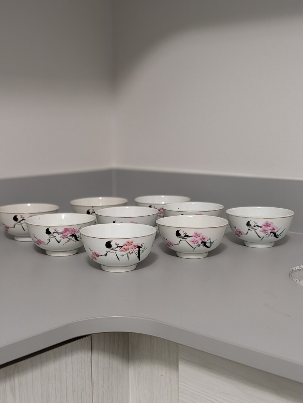 Vintage Chinese Painted Porcelain Rice Bowls Set of 9 Bird Blossom Gold Trim